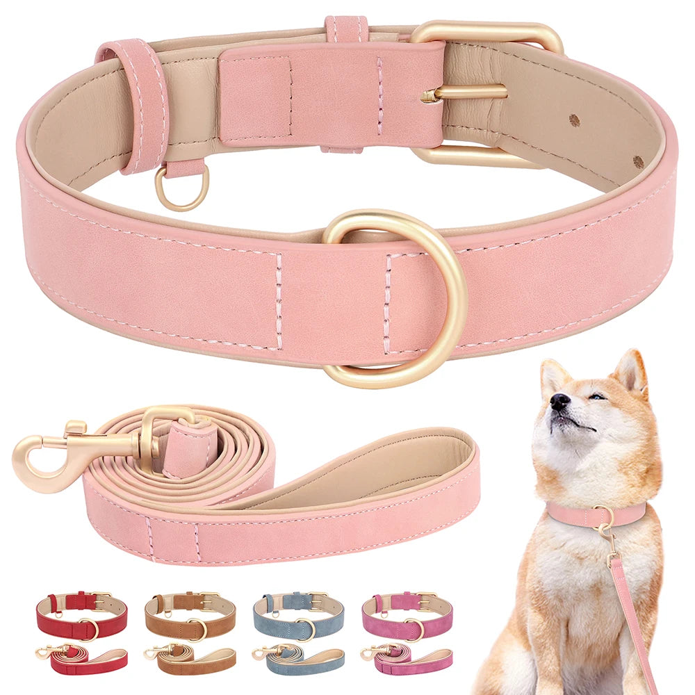 Soft Padded PU Leather Dog Collar & Leash Set