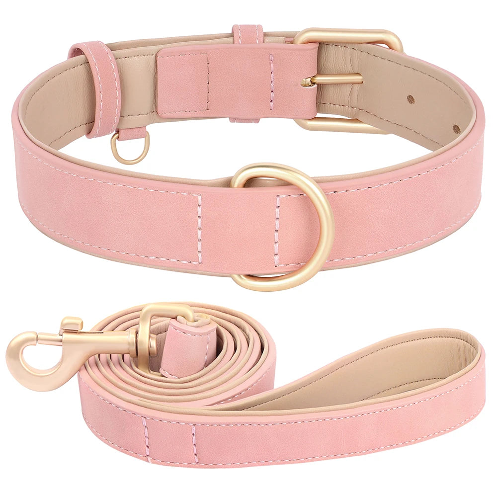 Soft Padded PU Leather Dog Collar & Leash Set