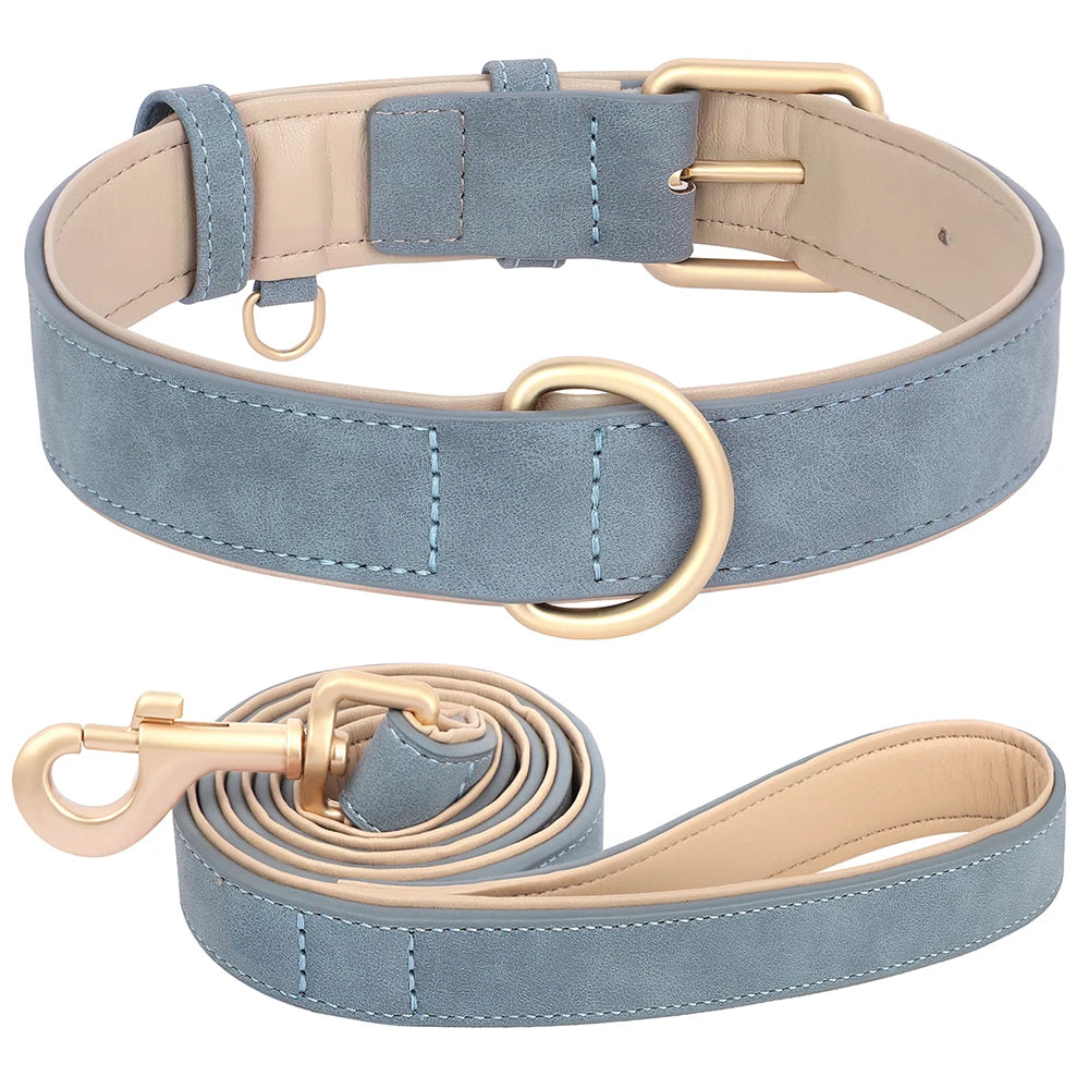 Soft Padded PU Leather Dog Collar & Leash Set