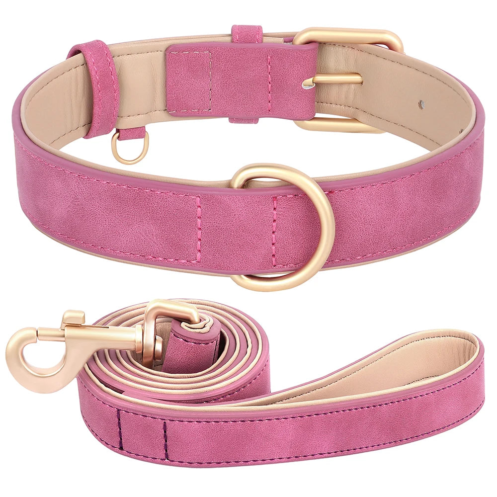 Soft Padded PU Leather Dog Collar & Leash Set