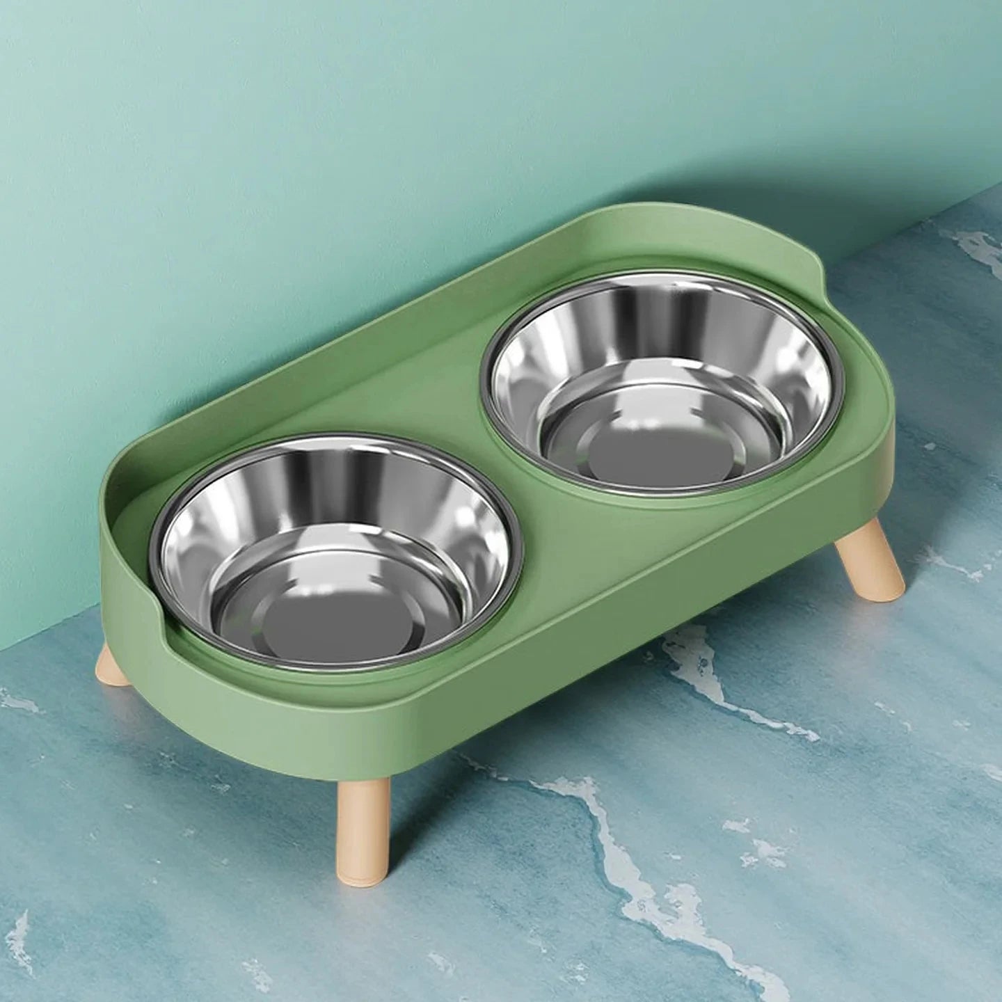 Elevated Double Bowl Pet Feeder with Stainless Steel Bowls
