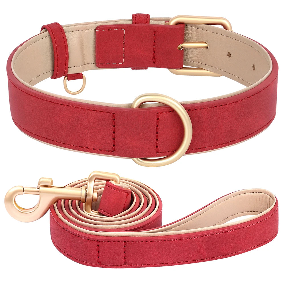 Soft Padded PU Leather Dog Collar & Leash Set