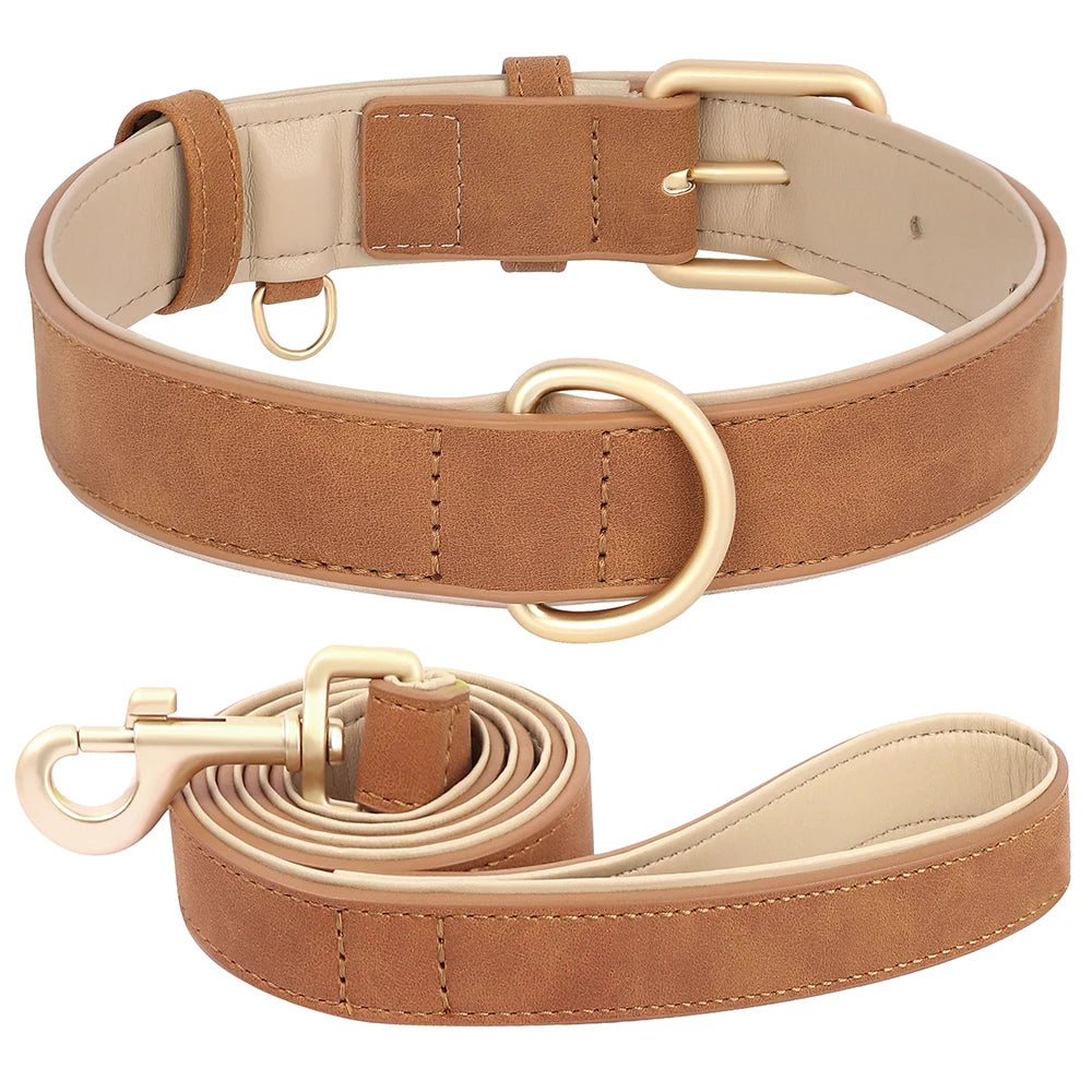 Soft Padded PU Leather Dog Collar & Leash Set